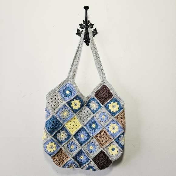 Handmade Handbags - Handmade Crochet Granny Square Bag 13" x 13" Satchel Purse Floral Boho
